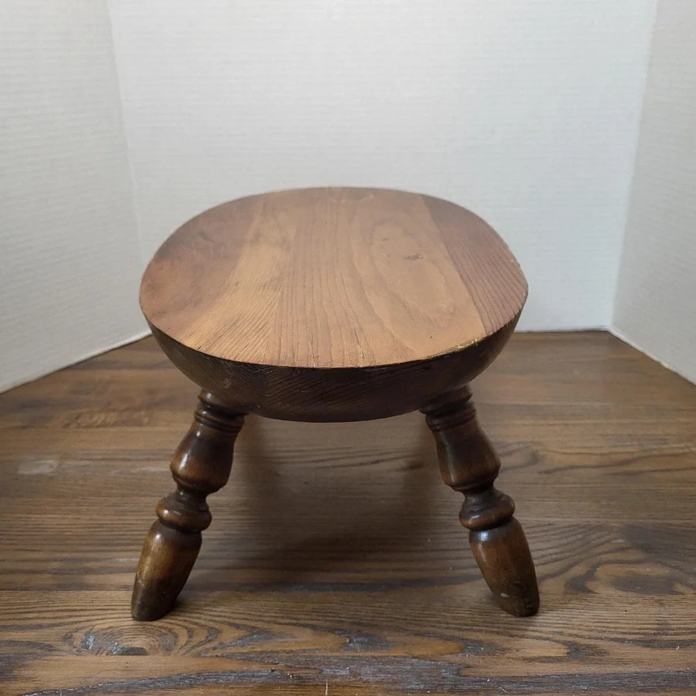 VTG Wood Bench Step Stool Oval Top Windsor Style Turned Legs 7